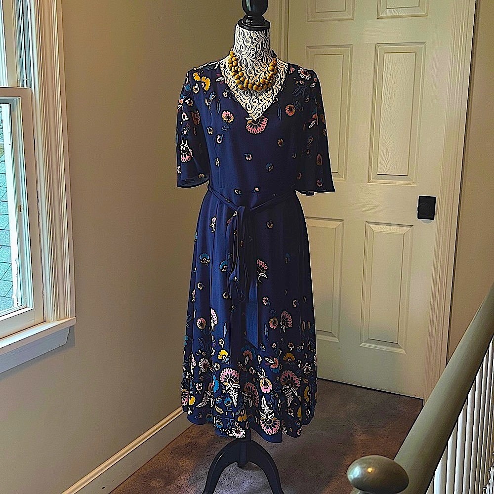 Boden Navy Midi Dress with Floral Accents